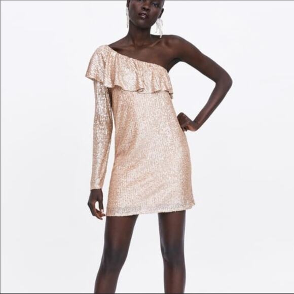 NWT Zara Blogger Sequin Ruffle One Shoulder Dress. - Picture 1 of 14